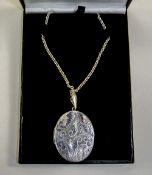 Large Silver Locket Engraved Floral Front Fully Hallmarked Suspended On A Silver Curb Chain