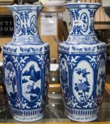 Pair Of Large 20thC Oriental Blue & White Vases, Of Hexagonal Form With Floral And Bird