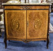 A French Louis XV Style Two Door Inlaid Side Cabinet, with Shaped Marble Top and Ormalu Mounts.