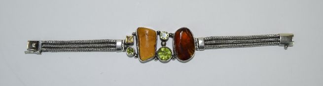 Arts and Crafts Vintage Natural Stone Set Silver Bracelet,