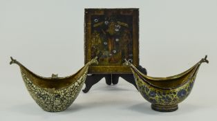 2 Russian Style Boat Shaped Bowls/Ashtrays, One Brass,