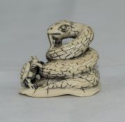 Japanese Ivory Netsuke Finely Carved Depicting A Coiled Snake With Tortoise, Signed To Base