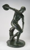 A 20th Century Large Bronzed Heavy Metal Figure / Sculpture of An Ancient Male Greek Discus Thrower,