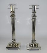 A Fine and Impressive Pair of Silver Plated Corinthian Column Candlesticks, Raised on a Square Base,