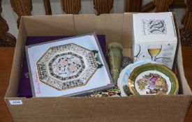 Box Of Miscellaneous Items. Comprising Cabinet Plates, Photo Frame, Glasses, Glass Ashtray, etc.