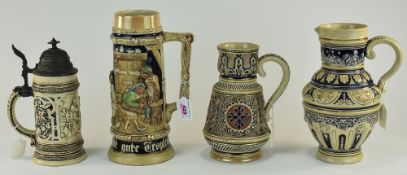 Antique - German Mettlach Steins and Jugs ( 4 ) In Total. Various Heights and Shapes.