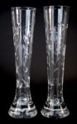 Stuart Cut Crystal Fine Pair of Bud Vases with Stuart Crystal Labels. Each Stands 7.75 Inches Tall.