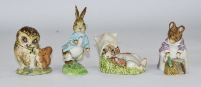 Royal Albert Beatrix Potter Figure, 4 in total. 1. Old Mr Brown, 2. Benjamin Wakes Up, 3.