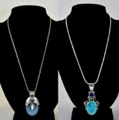 Arts and Crafts Style Large Stone Set Pendant Drops, Attached to Silver Chains ( 2 ) In Total.