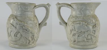 18th / 19th Century Heavy Cream ware Pitcher / Jug with Embossed Images of a Wild Boar Being