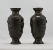 Pair Of Small Oriental Bronze Vases. Floral Design With Birds. Height 6¼ Inches, Late 19th Early