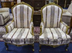 Pair Of French Style Reproduction Parlour Chairs. Gilt Frame with Removable Loose Cushions.