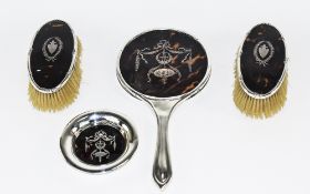 Silver and Tortoiseshell 4 Piece Vanity Set, Comprises 1 Hand Mirror, 2 Brushes and 1 Pin Tray.