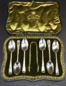 Victorian Good Set of Six Silver Engraved Teaspoons and Matching Sugar Nips. Hallmark London 1901.