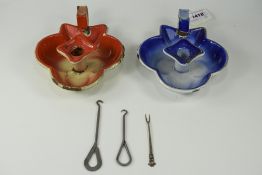 Pair Of Candle Holders, One Blue and One Red. Together with Two Button Hooks. Plus a Pickle Fork.