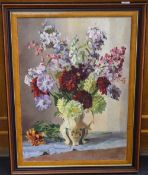 Large Framed Oil On Canvas. Still Life. Titled "Late Summer Flowers" by T.A Clarke.