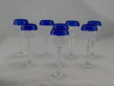 Set Of 8 Crystal Glasses With Colbalt Blue Rim, Height 4¾ Inches