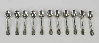 Swedish Silver Set of 11 Teaspoons, Each with Flower / Rose Stem Handles,