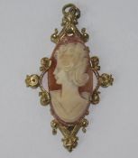 9ct Gold Filigree Mounted Cameo - Depicting a Classical Young Woman. Marked 9.375. 2 Inches High.