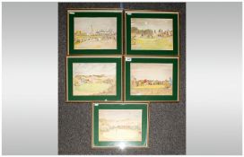 Set of Five Ionicus Golfing Framed Watercolour Drawings Titled 'The Sixth Hole, Royal Birkdale,