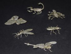 Collection Of Six Silver Bugs, Comprising Butterfly, Beetle, Dragonfly, Spider etc,