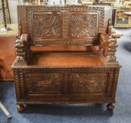 19thC Oak Carved Monks Bench Profusely C