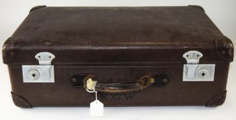 Vintage Brown Leather Suitcase. Stamped K.G.W. Height 13.5 inches, Width 21.5 inches, Depth 7.25