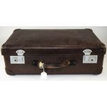 Vintage Brown Leather Suitcase. Stamped K.G.W. Height 13.5 inches, Width 21.5 inches, Depth 7.25