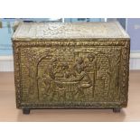 Small Brass Chest. Raised Decoration and Wood Interior. Height 12.5 Inches, Width 17 Inches, Depth