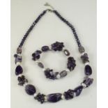 Amethyst and White Fresh Water Pearl Necklace and Bracelet Set,