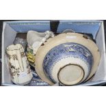 Box Of 19/20thC Pottery To Include Blue And White, Pratt Ware, Odd Jugs, Wedgwood Etc.