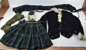 Child's Scottish Tartan Outfit comprising kilt, pair of socks, velvet top, Sporren 'Paisley