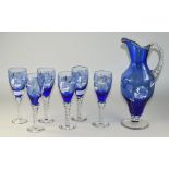 Venetian Style Blue Glass Wine Jug Together With 6 Matching Glasses All With Painted Floral