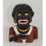Antique - Hand Painted Heavy Mechanical Cast Iron Money Box, In The Form of a Jolly Black Lady.
