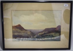 James Purdy Oldham Artist Framed Watercolour Depicting A Valley Landscape With Buildings, Signed
