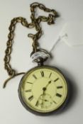 Victorian - Large Silver Open Faced Pocket Watch with Metal Chain.