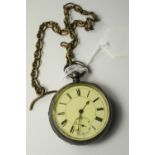 Victorian - Large Silver Open Faced Pocket Watch with Metal Chain.