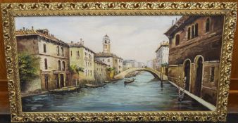 Large Venetian Oil On Canvas, Venetian Scene, Signed, 24x47 Inches, Gilt Frame