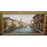 Large Venetian Oil On Canvas, Venetian Scene, Signed, 24x47 Inches, Gilt Frame