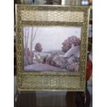 Brass Framed Fire Screen, With Printed Village Street Scene. Height 26 Inches.
