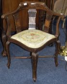 An Edwardian Mahogany Inlaid Corner Chair, Floral Padded Seat,
