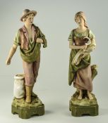 Royal Dux Pair of Rustic Figures ' Male and Female Farmers Planting and Gathering ' c.1900.