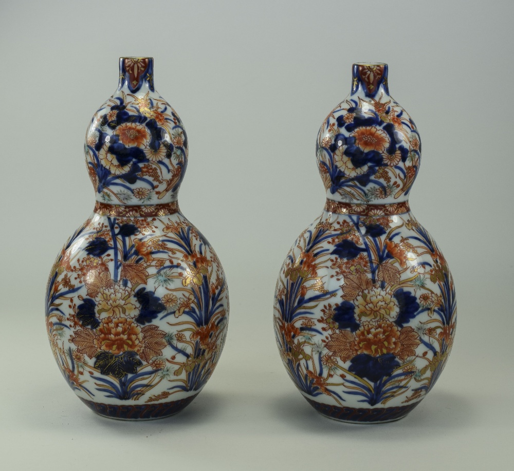 Pair Of Japanese Imari Double Gourd Shaped Vases. Height 10 Inches.