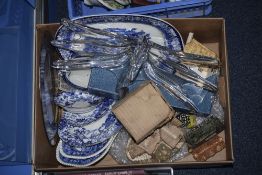 Box Of Assorted Pottery. Including Staffordshire Pottery Blue Gravy Boat Woolworth Ware, Blue and
