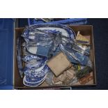 Box Of Assorted Pottery. Including Staffordshire Pottery Blue Gravy Boat Woolworth Ware, Blue and