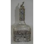 A Very Fine German - Late 19th Century Silver Mounted and Applied Etched Glass Decanter. The Figural