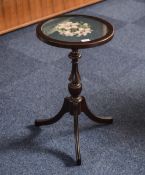 Small Mahogany Tripod Table Circular Top With Floral Tapestry And Glazed Cover Height 25 Inches,