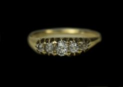 Antique 18ct Gold Set Five Stone Diamond Ring, The Cushion Cut Diamonds Of Good Colour.
