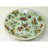 Oriental Celedon Glazed Plate, Butterfly And Floral Decoration. Blue Painted Mark To Reverse.
