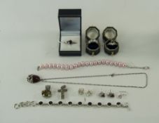 Mixed Lot Of Silver Jewellery, Comprising Rings, Pendants, Earrings, Pearl Bracelet etc, Set With